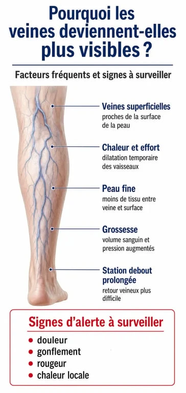 Veines plus visibles que d'habitude : schéma des causes bénignes et des signes d'alerte