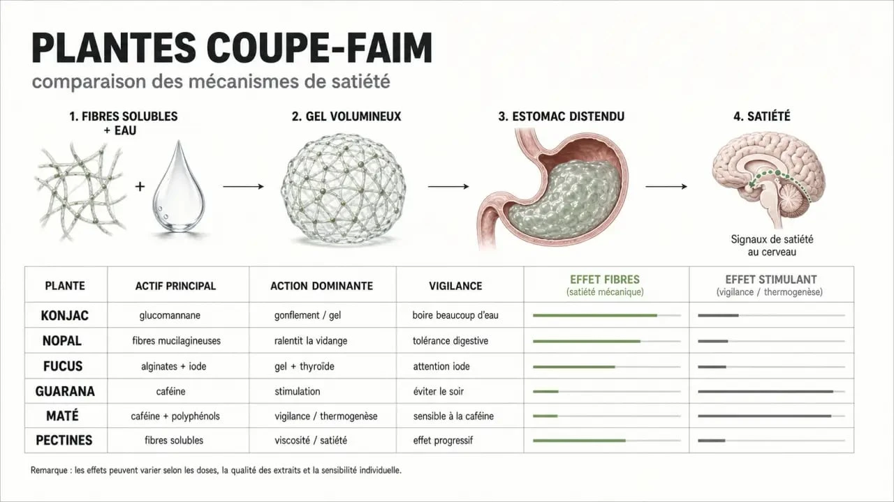 Plante coupe faim : schéma comparatif des fibres, algues et plantes à caféine pour la satiété