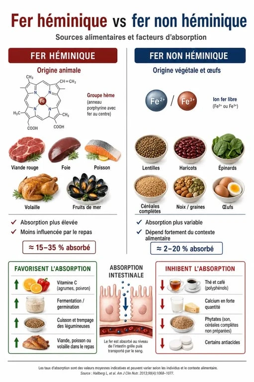 Infographie sur les aliments riches en fer et les facteurs d'absorption