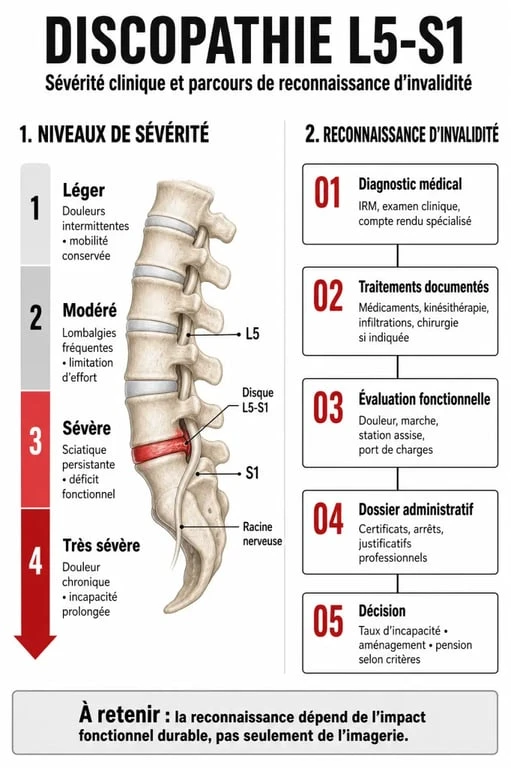 Infographie sur les niveaux de sévérité et la procédure de reconnaissance d'invalidité pour une discopathie L5-S1