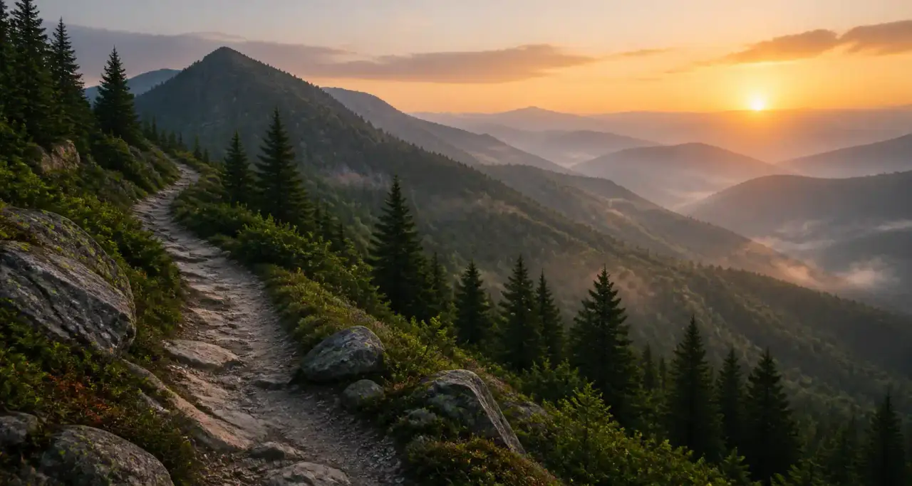 Sentier de montagne au petit matin serpentant vers les crêtes boisées