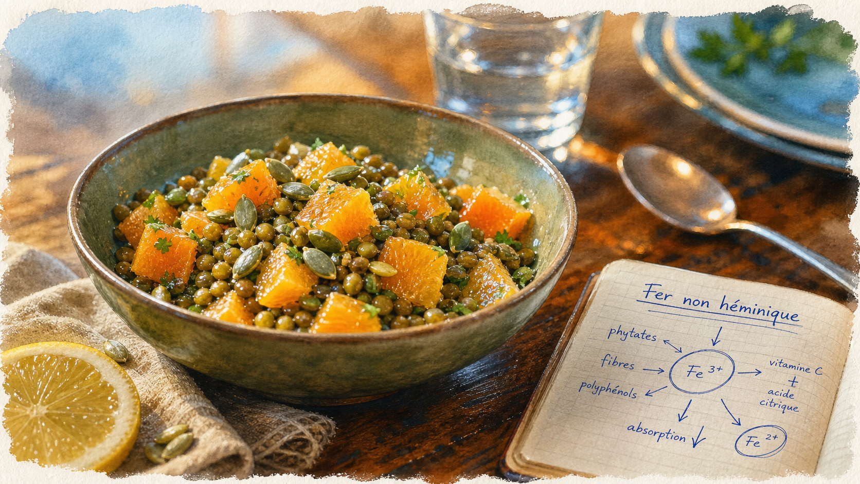 Liste d aliments riche en fer : salade de lentilles, graines et schéma fer non héminique