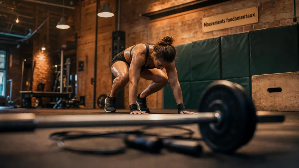 Mouvement crossfit : squat burpee en box, barre et corde visibles