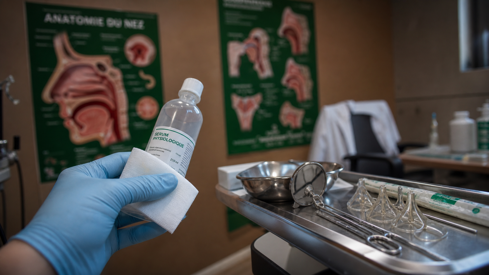 Nez bouché après septoplastie, soins ORL : sérum physiologique et mèches nasales