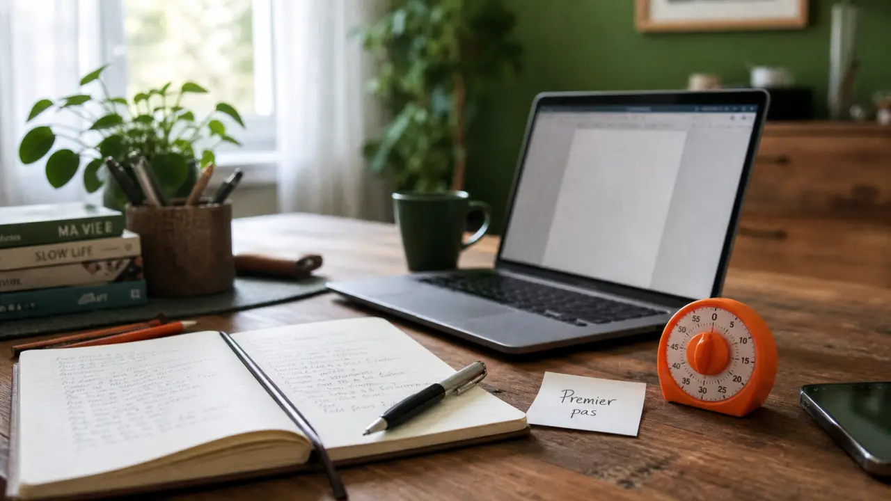 Passer à l action : carnet “Premier pas” sur table, stylo et minuterie orange