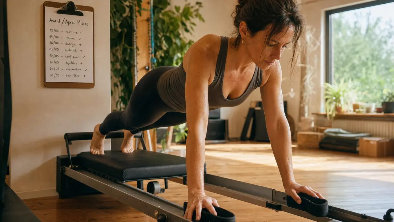 Pilates avant après : posture stable sur reformer, studio calme
