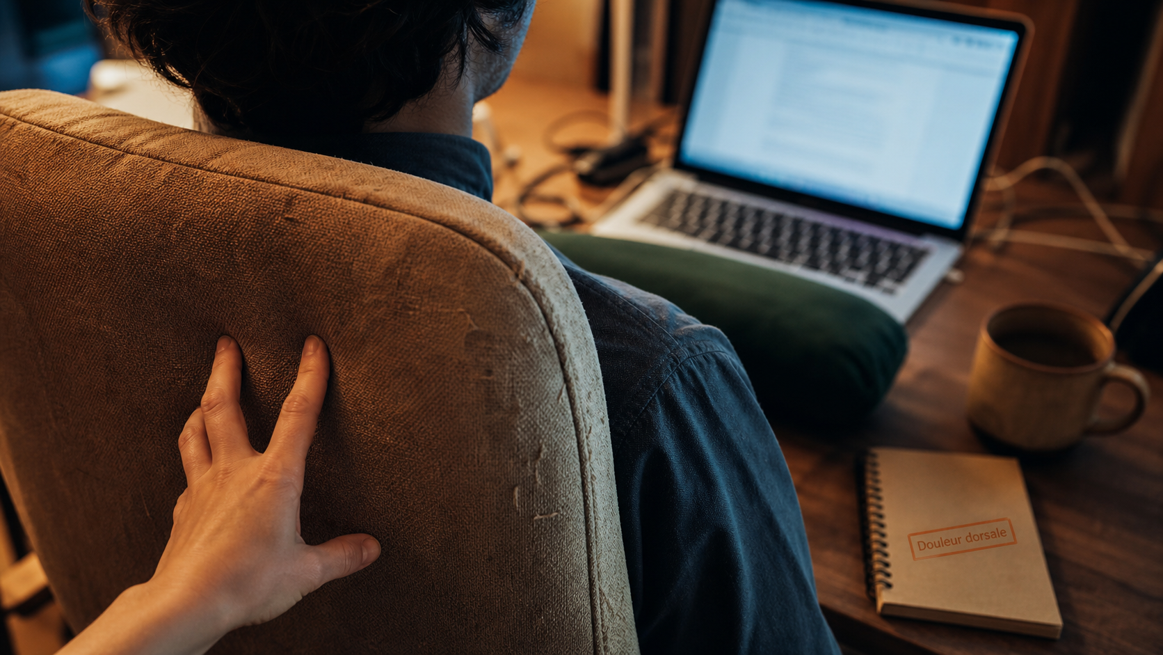 Point dans le milieu du dos : main sur le haut du dos au bureau