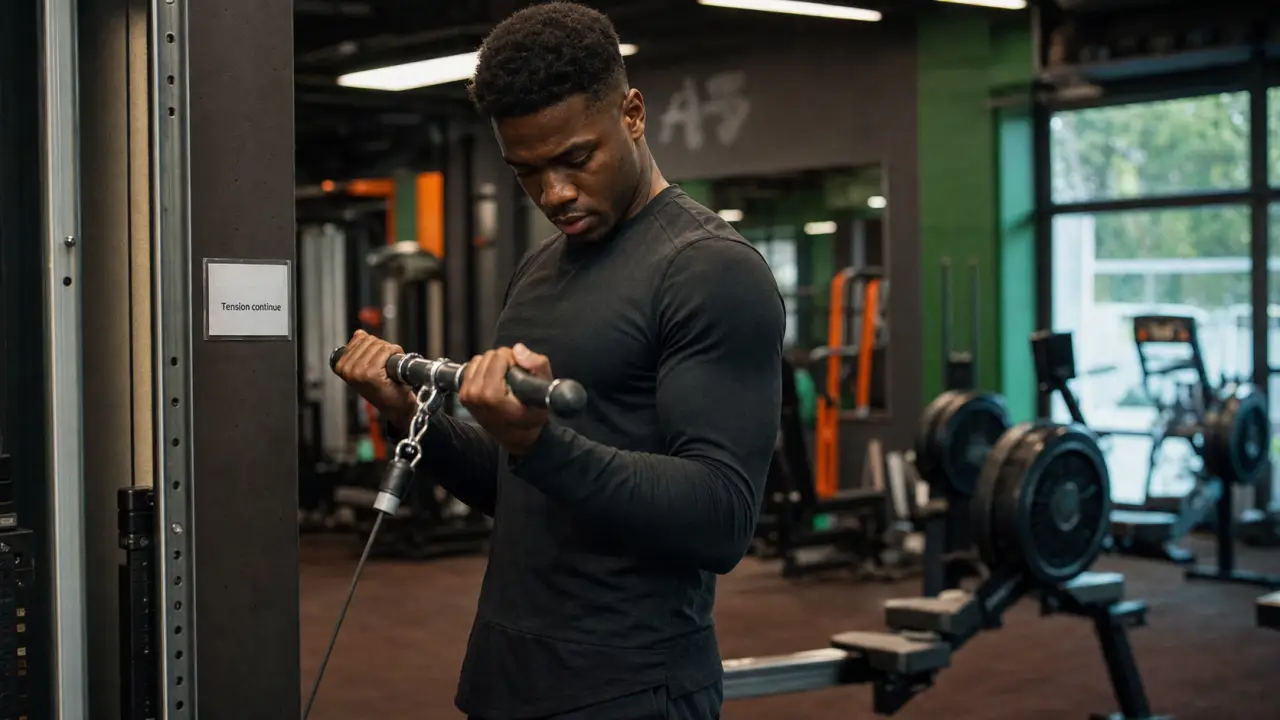Poulie biceps en tension pendant un curl, coudes collés au buste