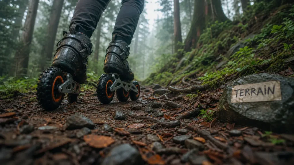 roller tout terrain 2 roues et 3 roues sur chemin forestier