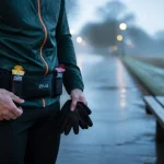 Accessoires running femme : ceinture et brassard étanches orange sur trottoir humide