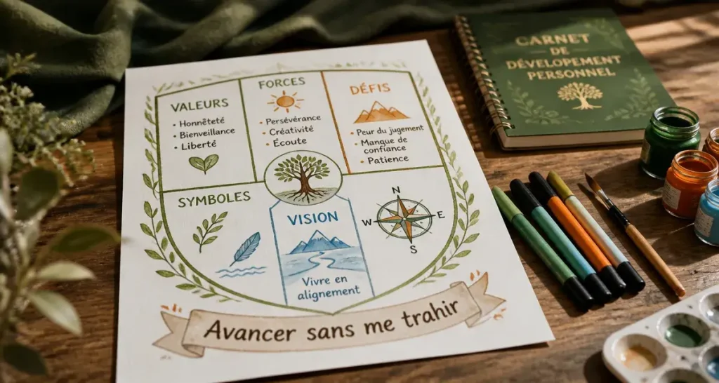 Blason développement personnel à remplir : valeurs, forces et devise pour mieux se clarifier
