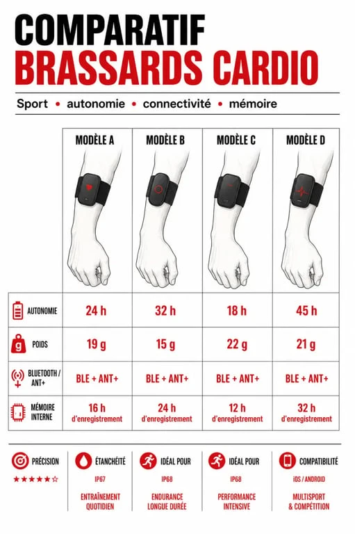 Comparatif meilleur brassard cardio : autonomie, poids et connectivité des modèles clés