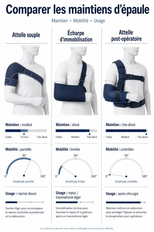 Comparatif visuel de l’attelle épaule tendinite, de l’écharpe d’immobilisation et de l’attelle post-opératoire