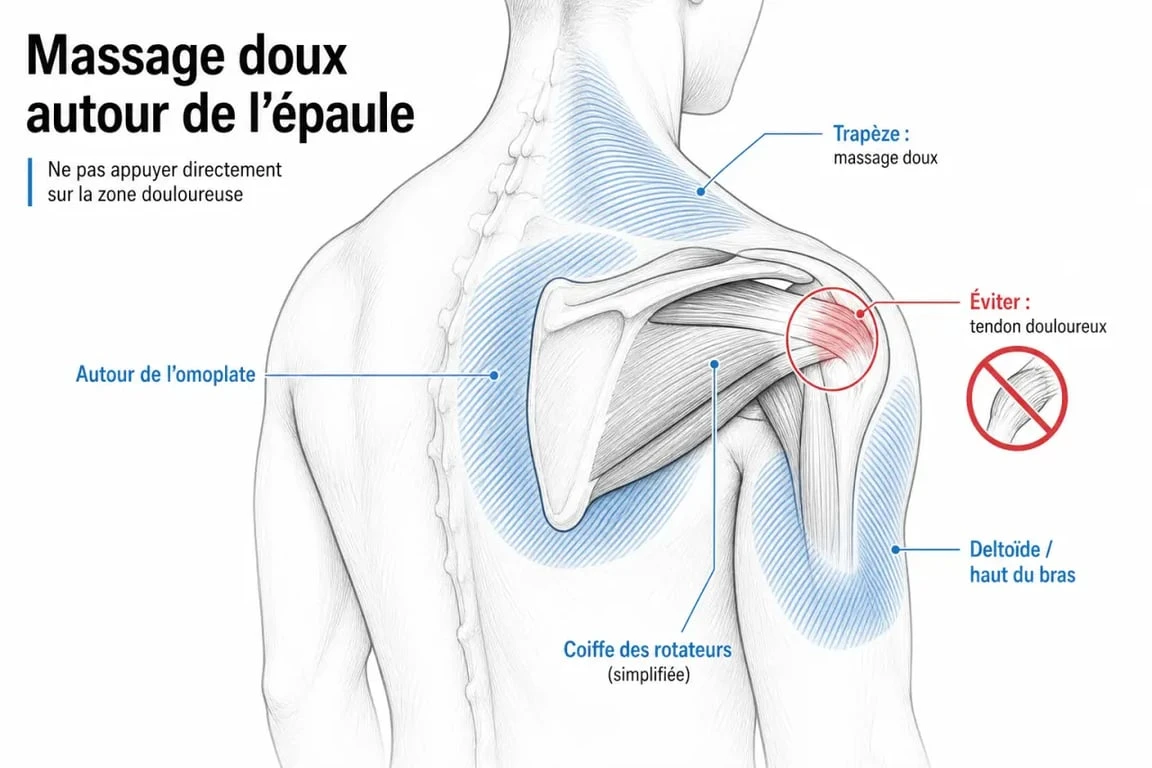 Tendinite épaule massage : schéma des zones à masser et à éviter autour de l’épaule