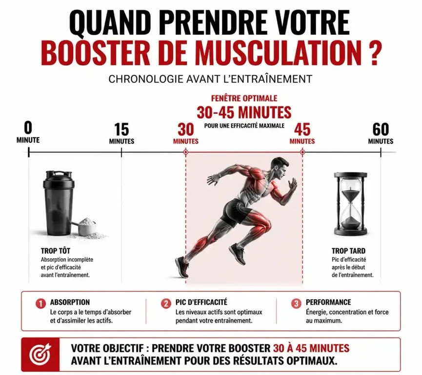 Chronologie de prise d'un booster de musculation avant l'entraînement