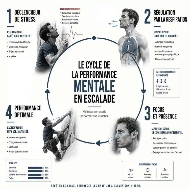 Infographie sur le cycle de la préparation mentale en escalade pour la gestion du stress et la performance