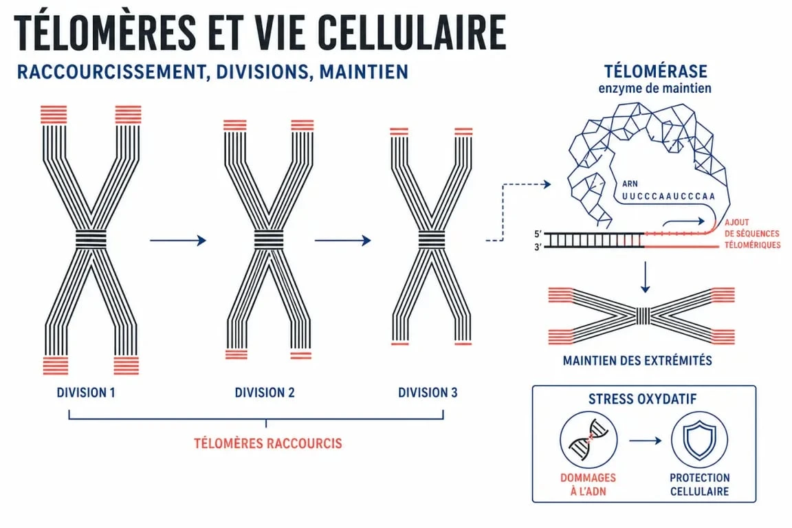 Schéma des télomères, de la télomérase et du vieillissement cellulaire pour télomérase complément alimentaire