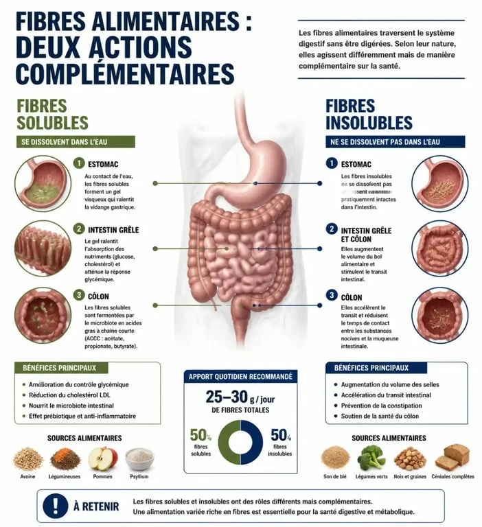 Schéma explicatif des bienfaits des fibres complément alimentaire sur le transit et le microbiote