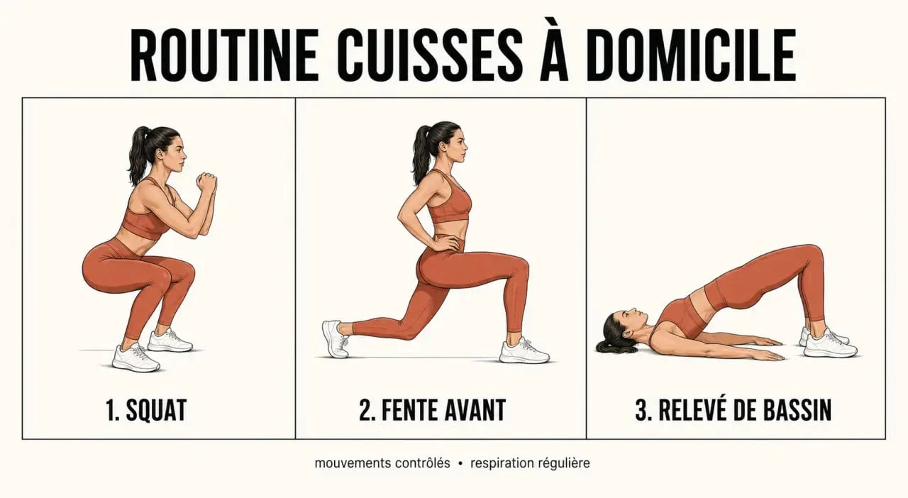 Exercice cellulite cuisse : routine illustrée de squats, fentes et relevés de bassin à la maison