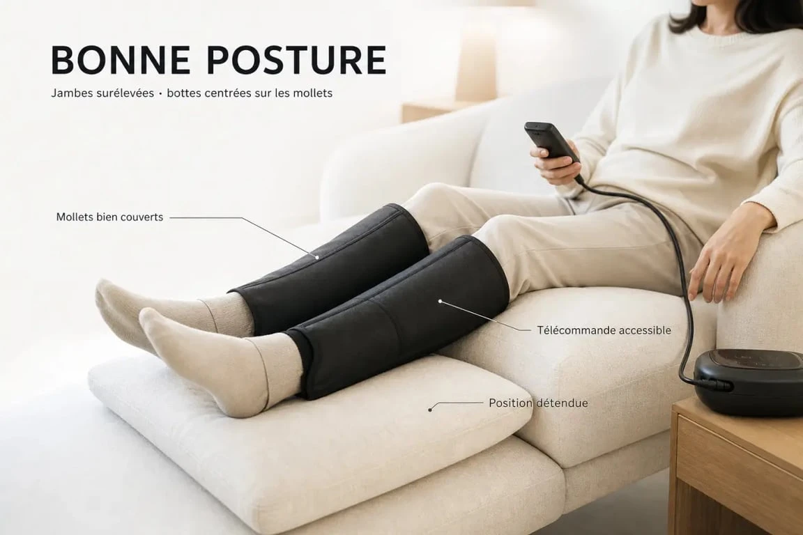 Utilisation d’un leg massager à domicile avec jambes surélevées et télécommande