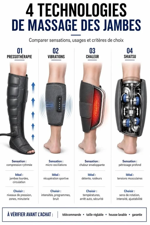 Comparatif leg massager des technologies pressothérapie, vibrations, chaleur et shiatsu