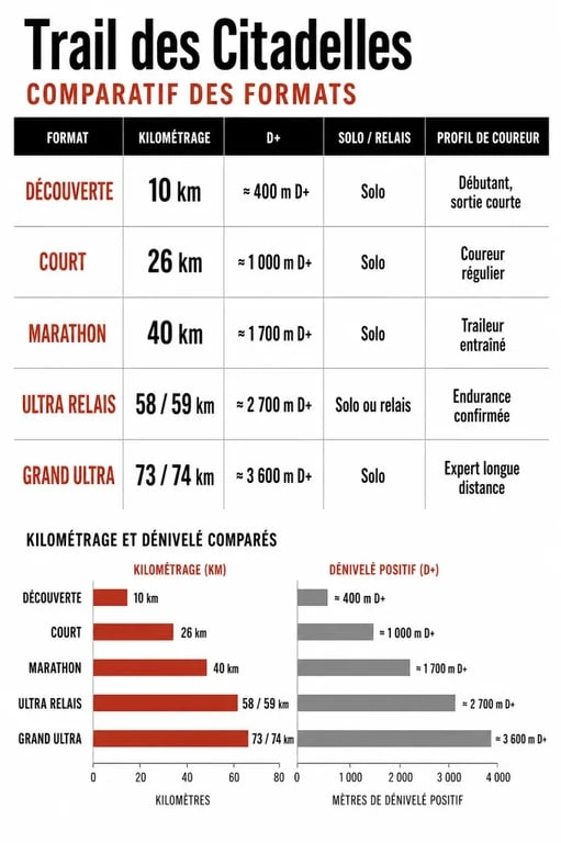 Trail des Citadelles : infographie des distances, dénivelés et formats