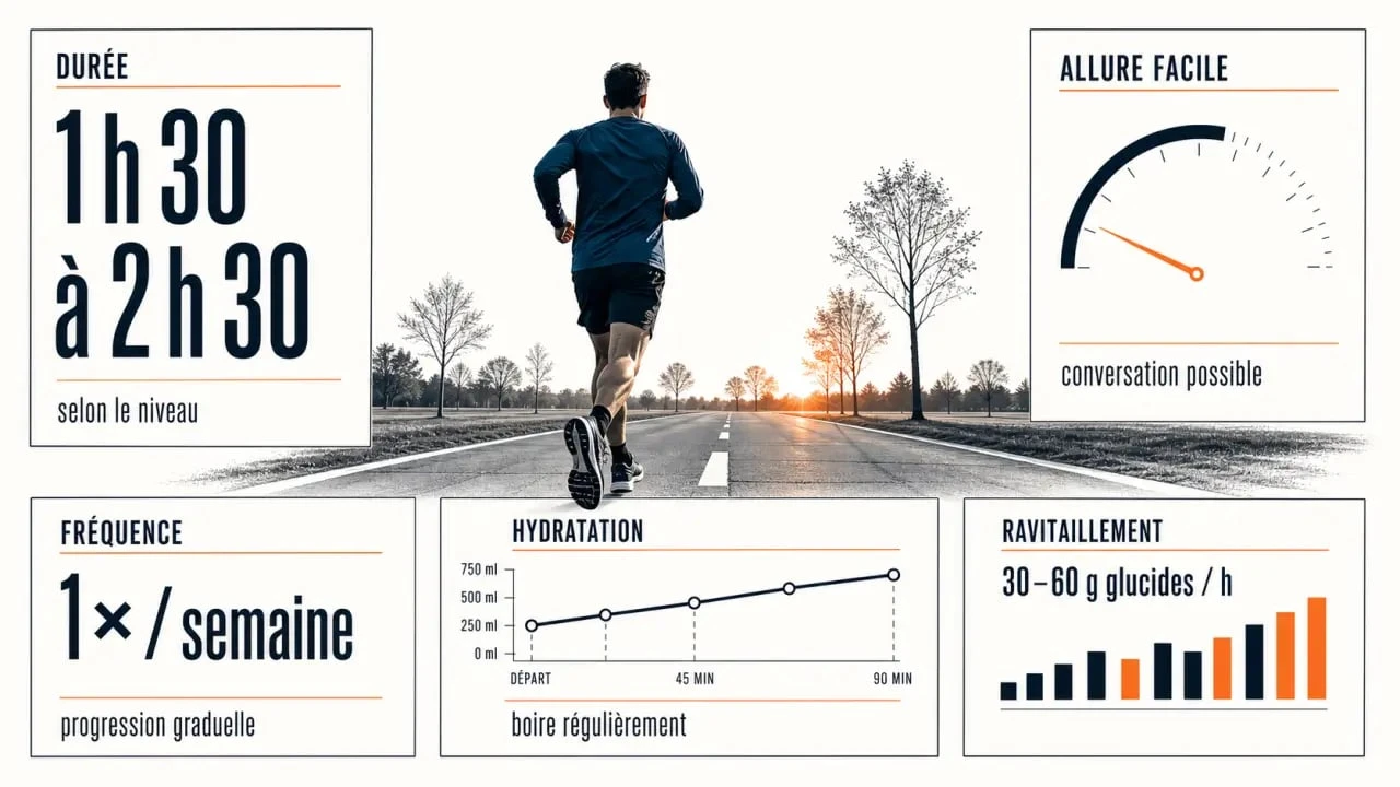 Infographie sur la sortie longue running : durée, allure, fréquence et ravitaillement