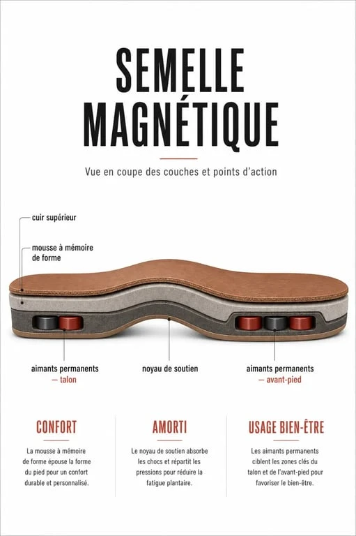 Schéma explicatif d’une semelle magnétique montrant ses couches et la position des aimants
