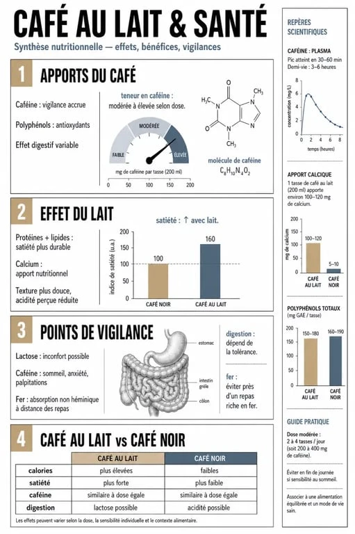 Café au lait bienfait : synthèse visuelle des bienfaits, limites et alternatives santé