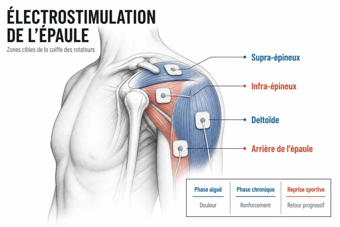 Électrostimulation tendinite épaule : schéma éditorial du placement des électrodes sur l’épaule