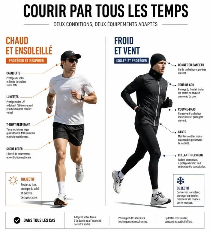 Accessoires running femme adaptés aux conditions météo : soleil et froid