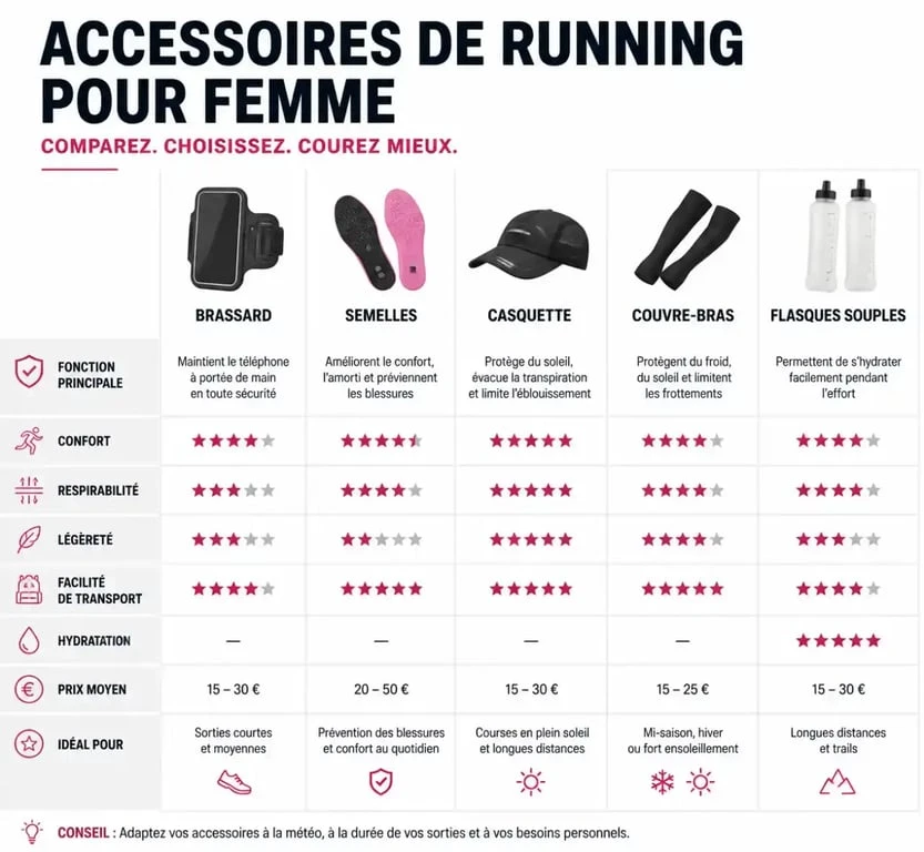 Tableau comparatif des accessoires running femme indispensables pour la course à pied