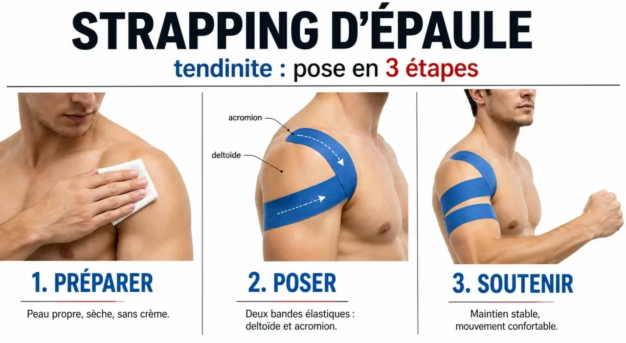 Strapping épaule tendinite : pose en trois étapes d’une bande élastique sur une épaule douloureuse