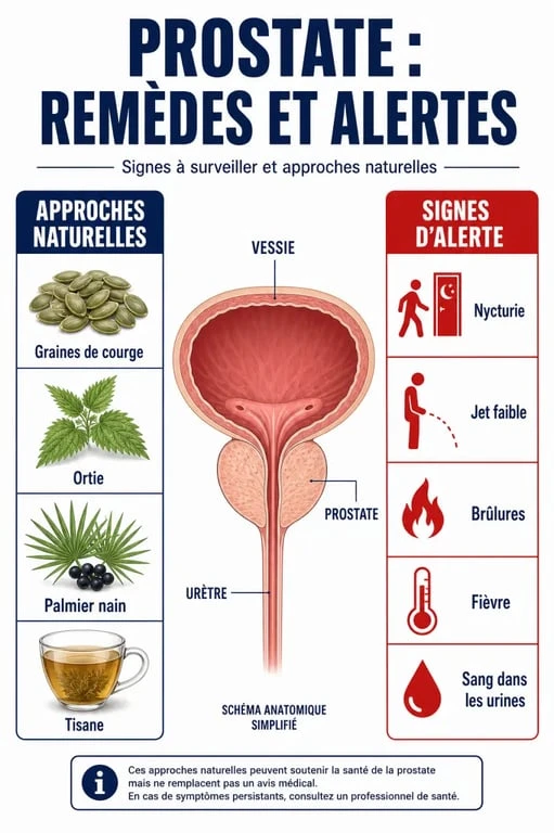 Prostate remèdes naturels : schéma des symptômes urinaires et des plantes citées avec signes d’alerte