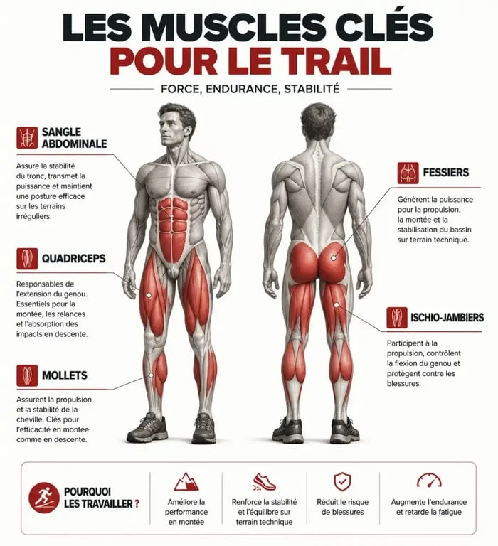 Schéma des muscles sollicités en renforcement musculaire trail