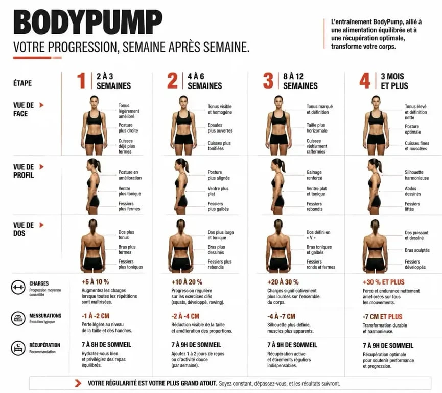 bodypump avant apres : frise visuelle de progression sur 3 mois avec tonus, posture et silhouette affinée