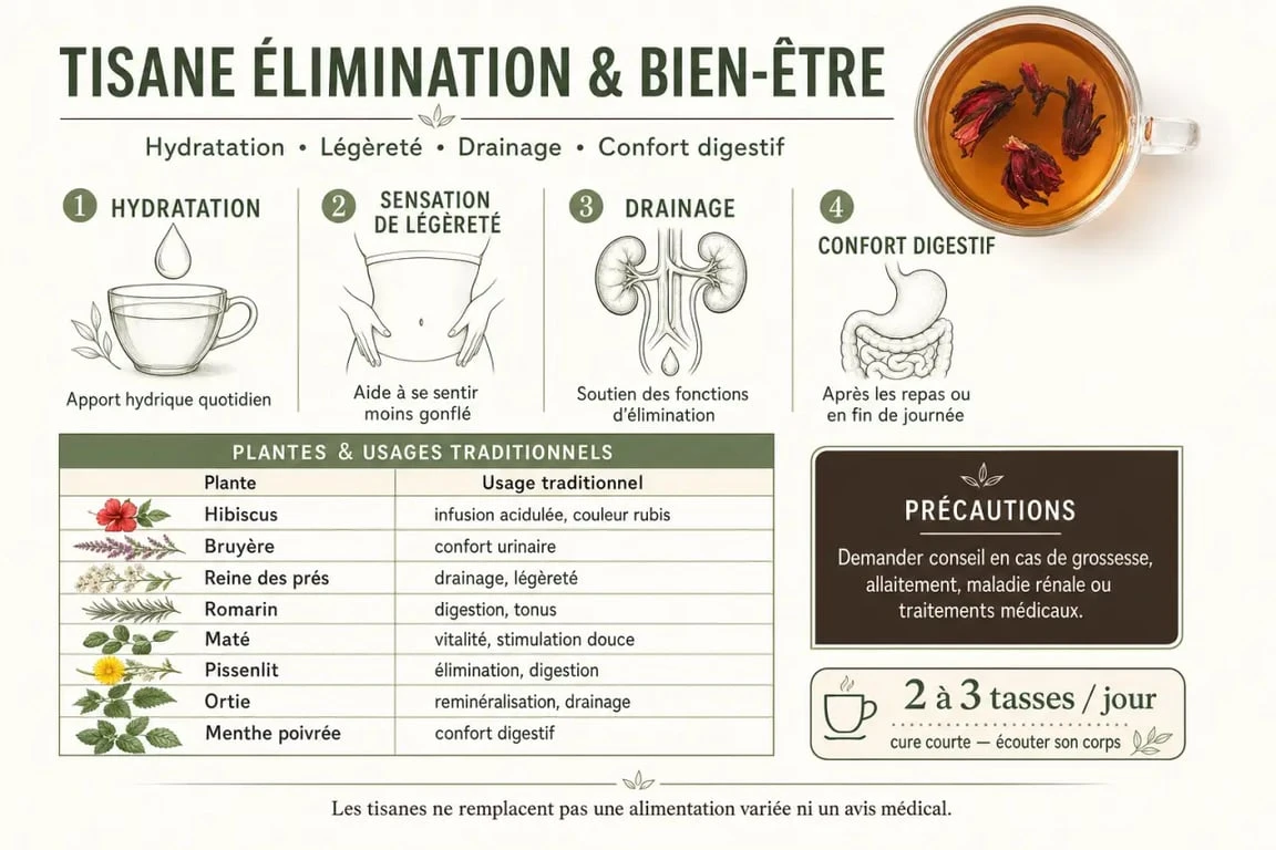 Infographie sur les bienfaits d'une tisane élimination et bien être bienfaits avec plantes, usages et précautions