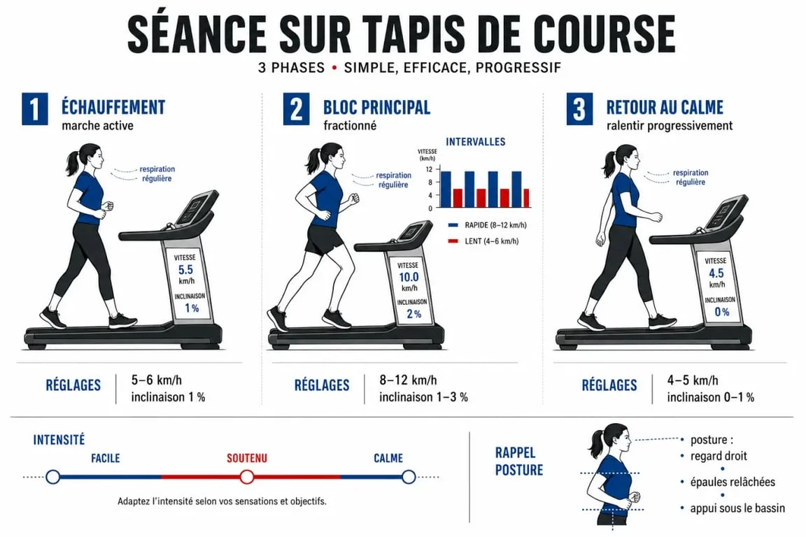 Exercice tapis de course illustrant échauffement, fractionné et retour au calme