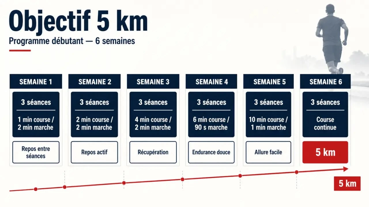Programme entraînement 5 km débutant pdf : calendrier visuel de progression sur 6 semaines avec alternance marche-course