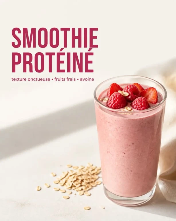 Smoothie proteine servi en grand verre avec fruits frais et texture onctueuse