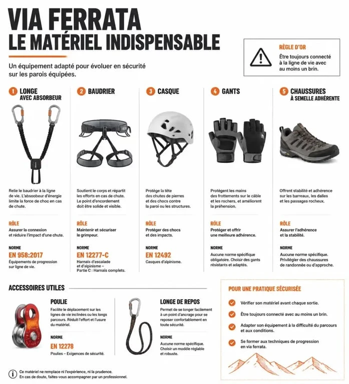 Matériel via ferrata : infographie des équipements indispensables et des normes à vérifier