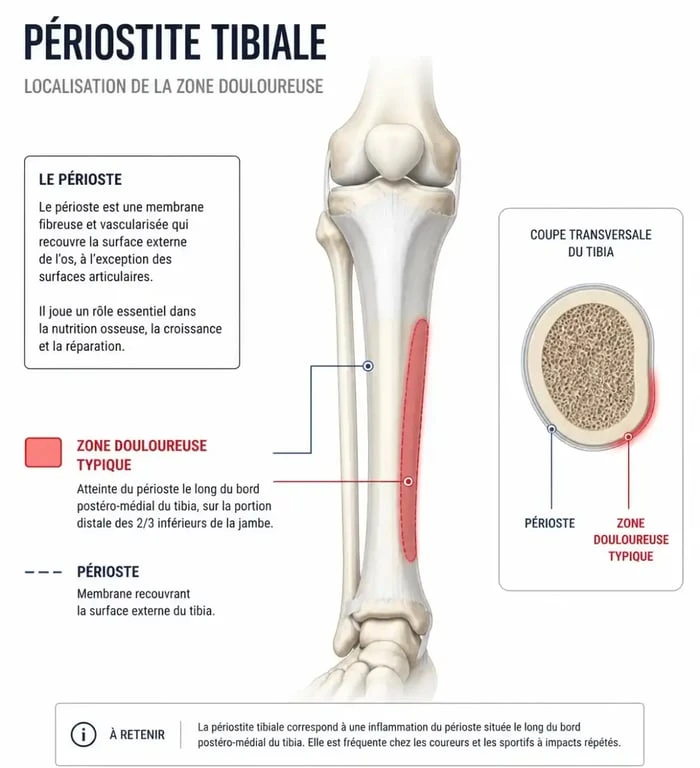 Schéma anatomique de la périostite tibiale et zone douloureuse