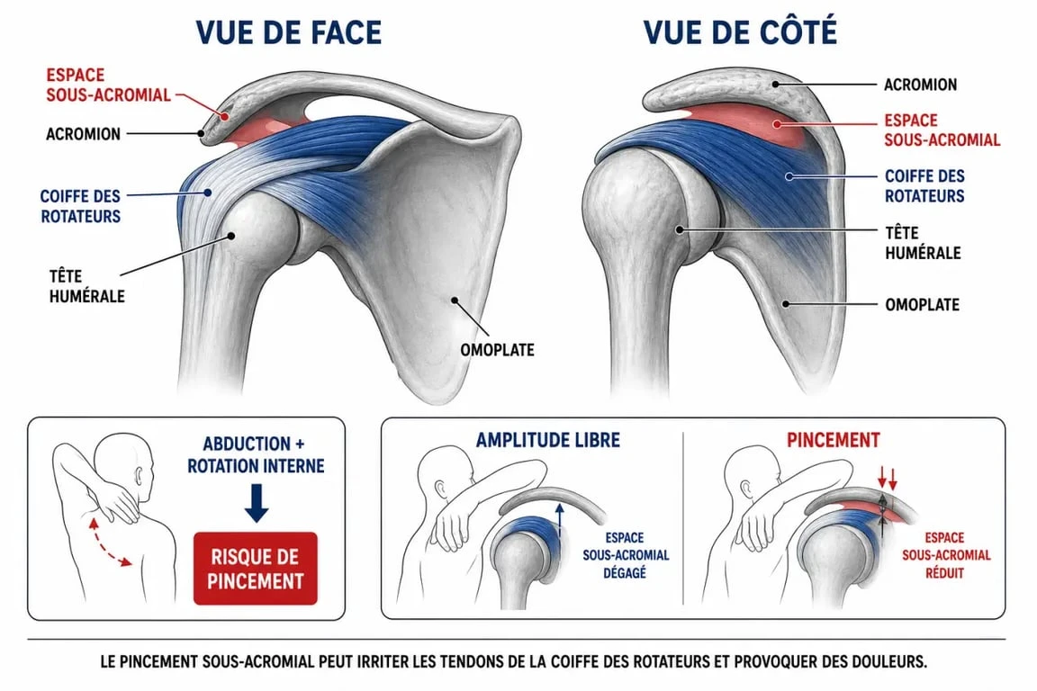 Exercices pour tendinite épaule : schéma de la coiffe des rotateurs, de l’omoplate et de l’espace sous-acromial