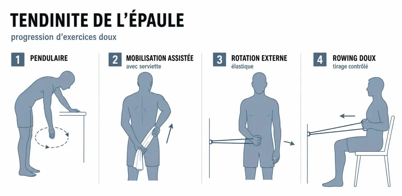 Exercices pour tendinite épaule en progression, de la mobilisation douce au renforcement léger