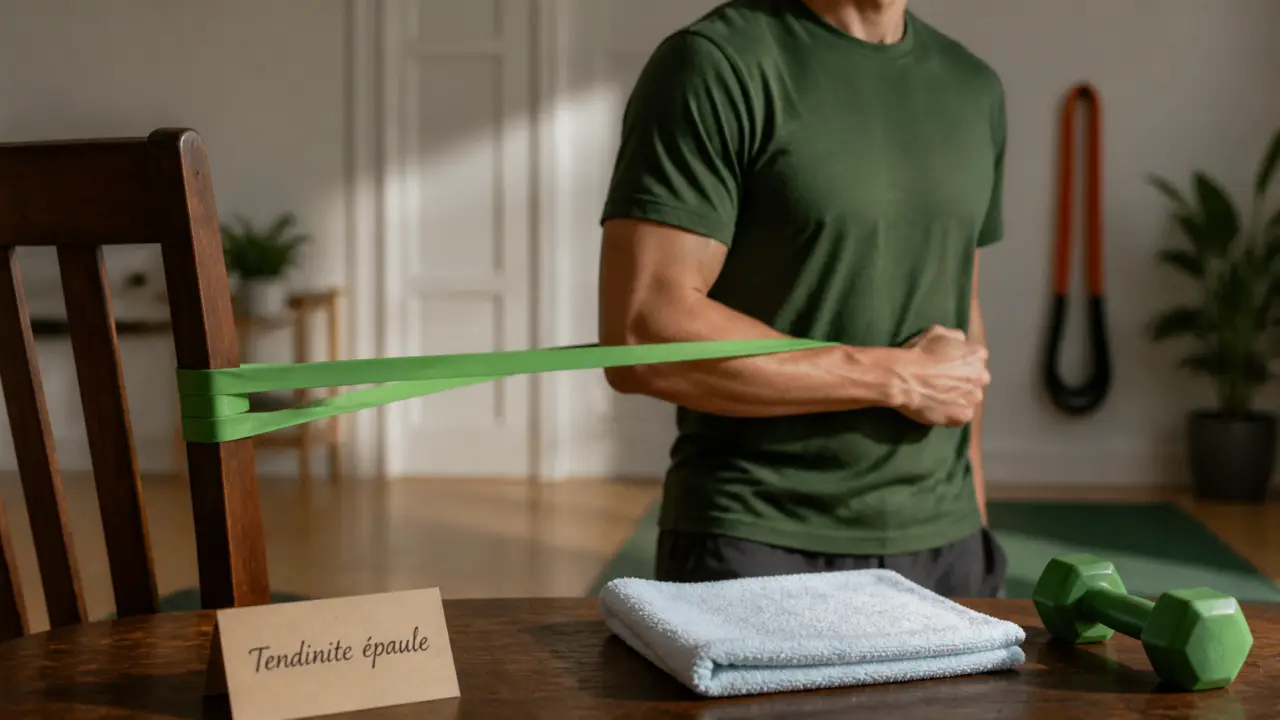 Exercices pour tendinite épaule : rotations internes externes avec élastique, coude au corps