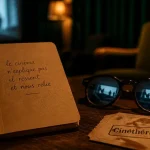 Film développement personnel Cinéthérapie sur table, lunettes et carnet