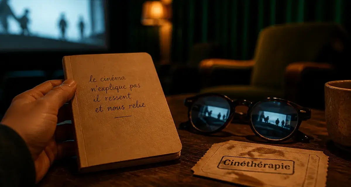 Film développement personnel Cinéthérapie sur table, lunettes et carnet