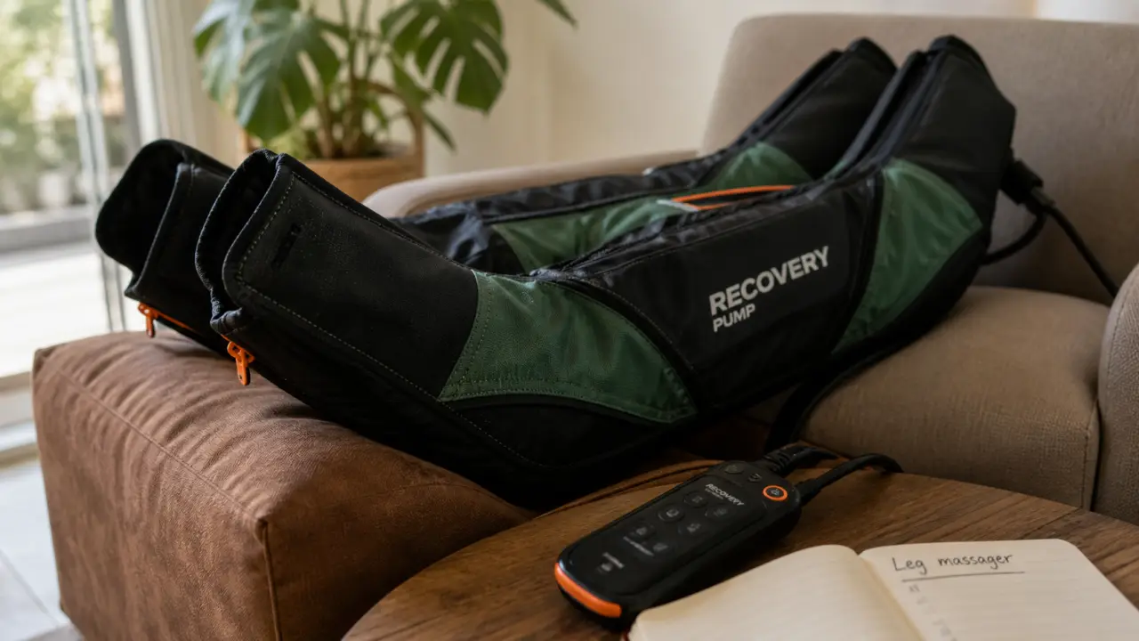 Leg massager pressothérapie : bottes sur fauteuil, télécommande et jambes surélevées