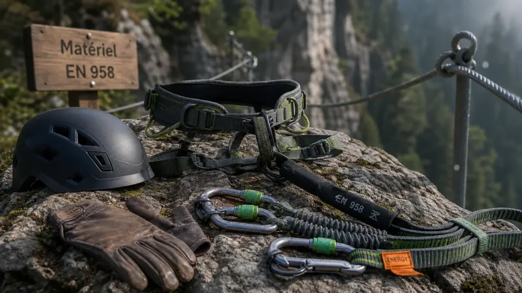 Matériel via ferrata : la longe EN 958, les mousquetons, le baudrier et les accessoires utiles