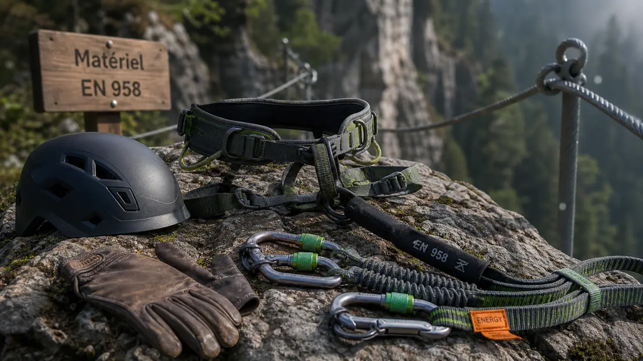 Materiel via ferrata EN 958 : longe en Y, baudrier et mousquetons à verrouillage
